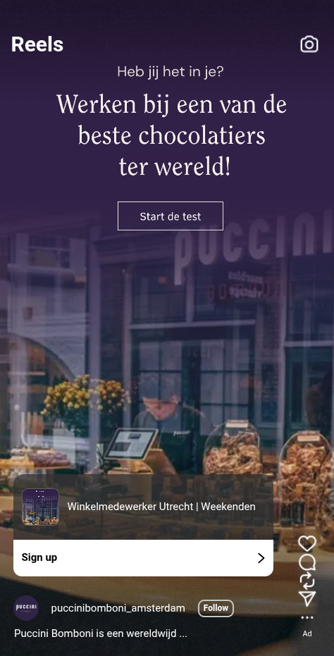 Instagram-advertentie Puccini Bomboni voor winkelmedewerker in Utrecht